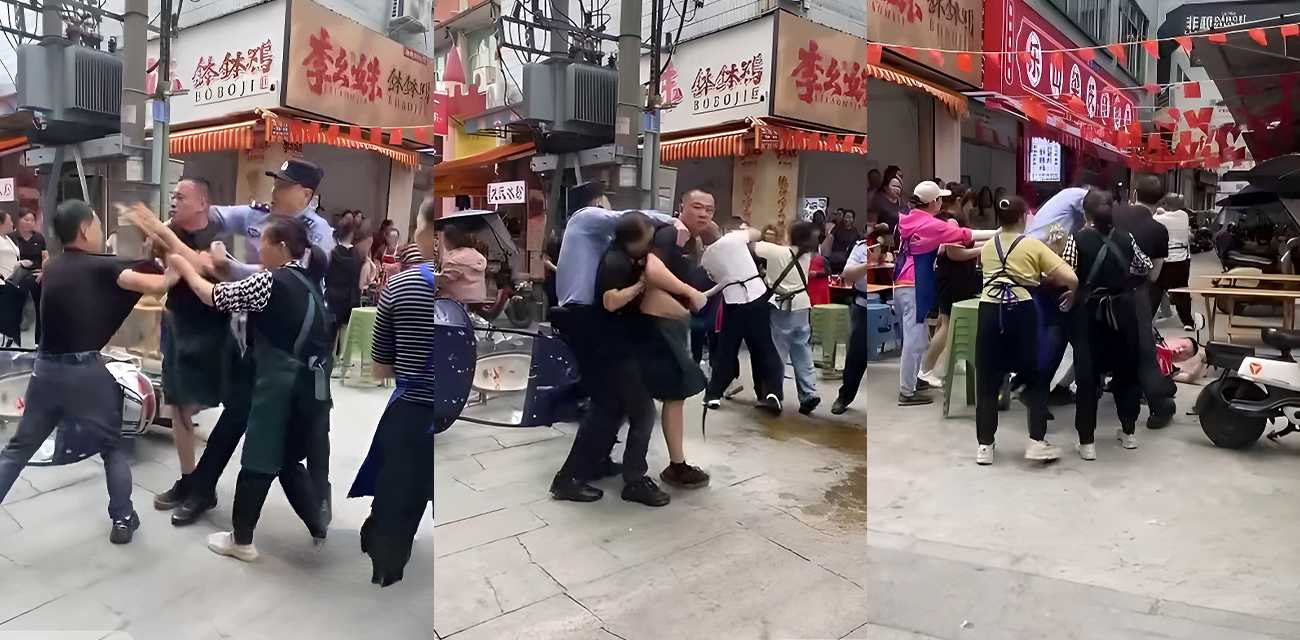 德阳小吃街群架现场曝光!钵钵鸡门前多人扭打 有人泼油升级事态严重性