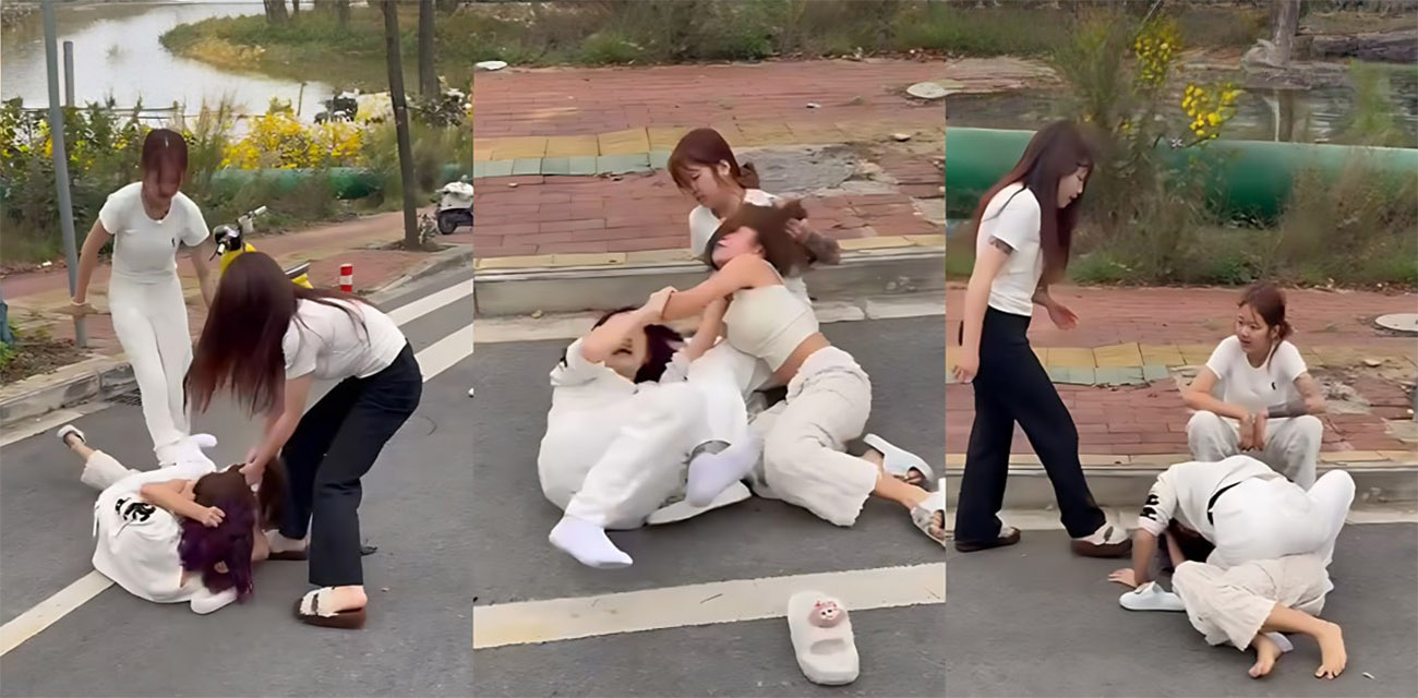 马路街头惊现精神小妹三打一现场  受害女生内衣内裤被撕全程哭喊求饶  围观群众吃瓜疯狂偷拍