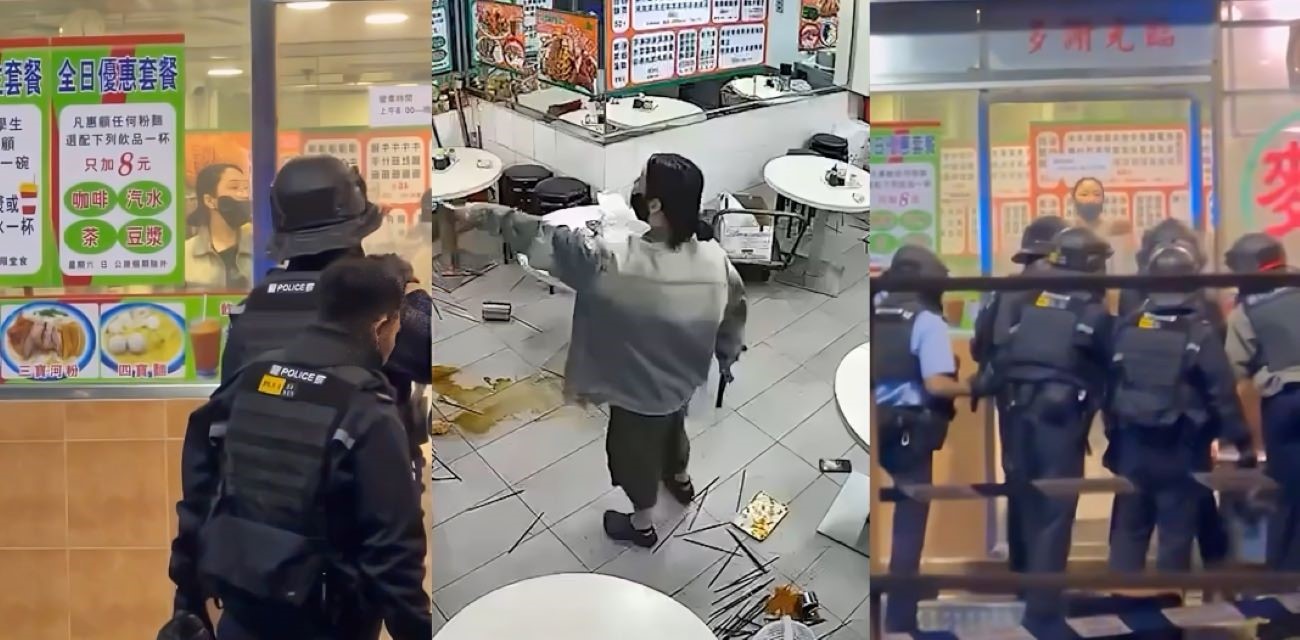 香港上水粉店惊魂！女子手机没电无法微信付款 恼羞成怒与店主争执 拿菜刀挥舞砍警盾 最终被治服逮捕！
