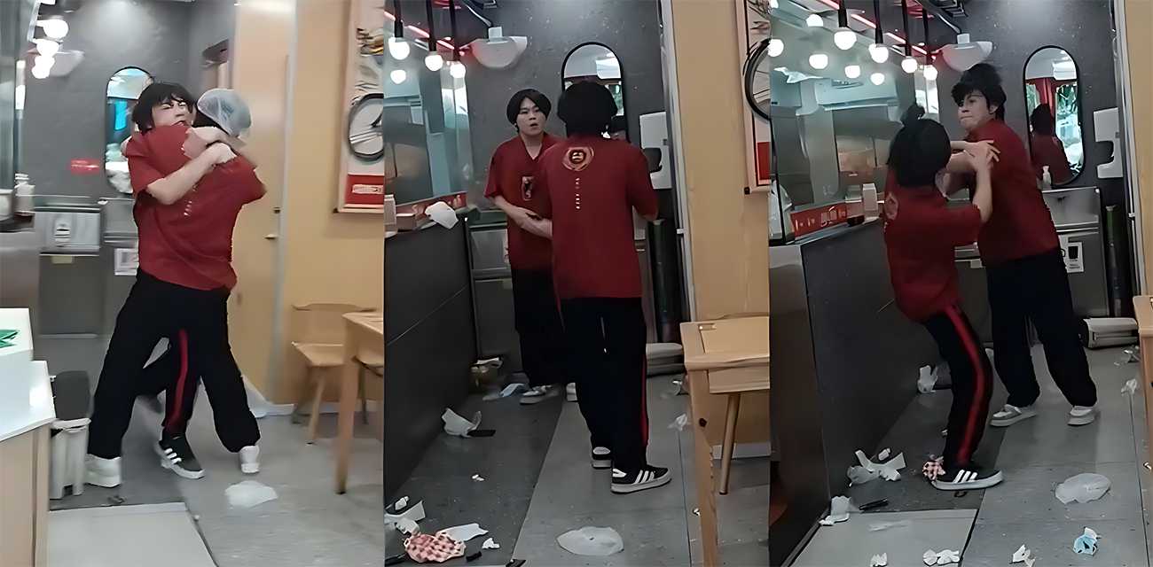 塔斯汀店内员工大乱斗 俩小伙互殴爆头 阿姨若无旁人淡定做汉堡 堪称敬业典范！