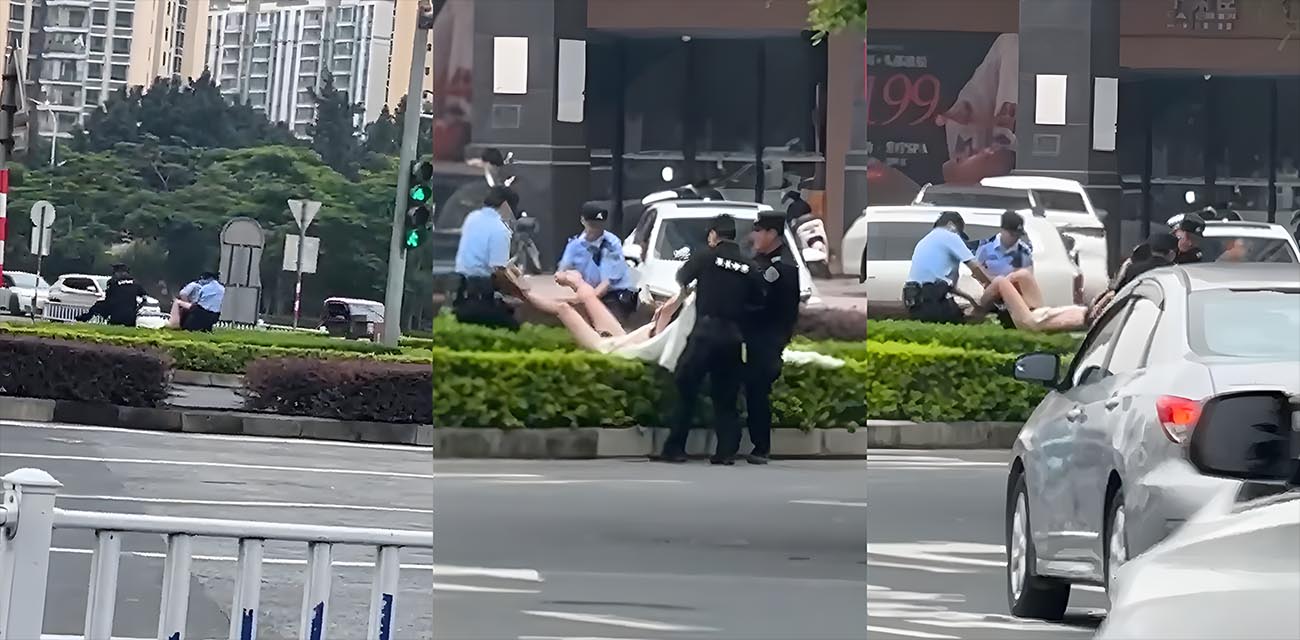 广西贵港裸女街头狂奔 警察叔叔合围抓捕 女子歇斯底里挣扎拖走 不知受何刺激
