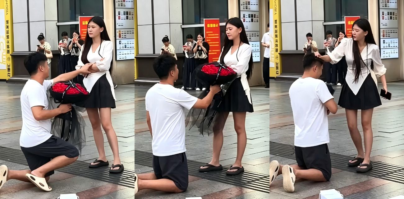 广西南宁朝阳广场 男子双膝下跪卑微求婚 被女方不断羞辱 舔狗最终一无所有！